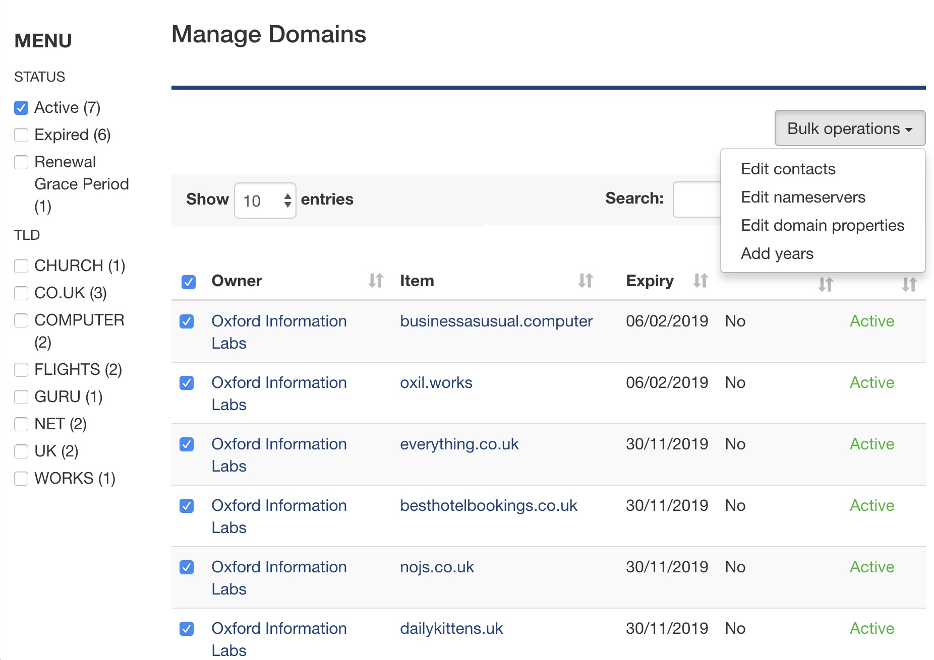 Netistrar control panel bulk feature section