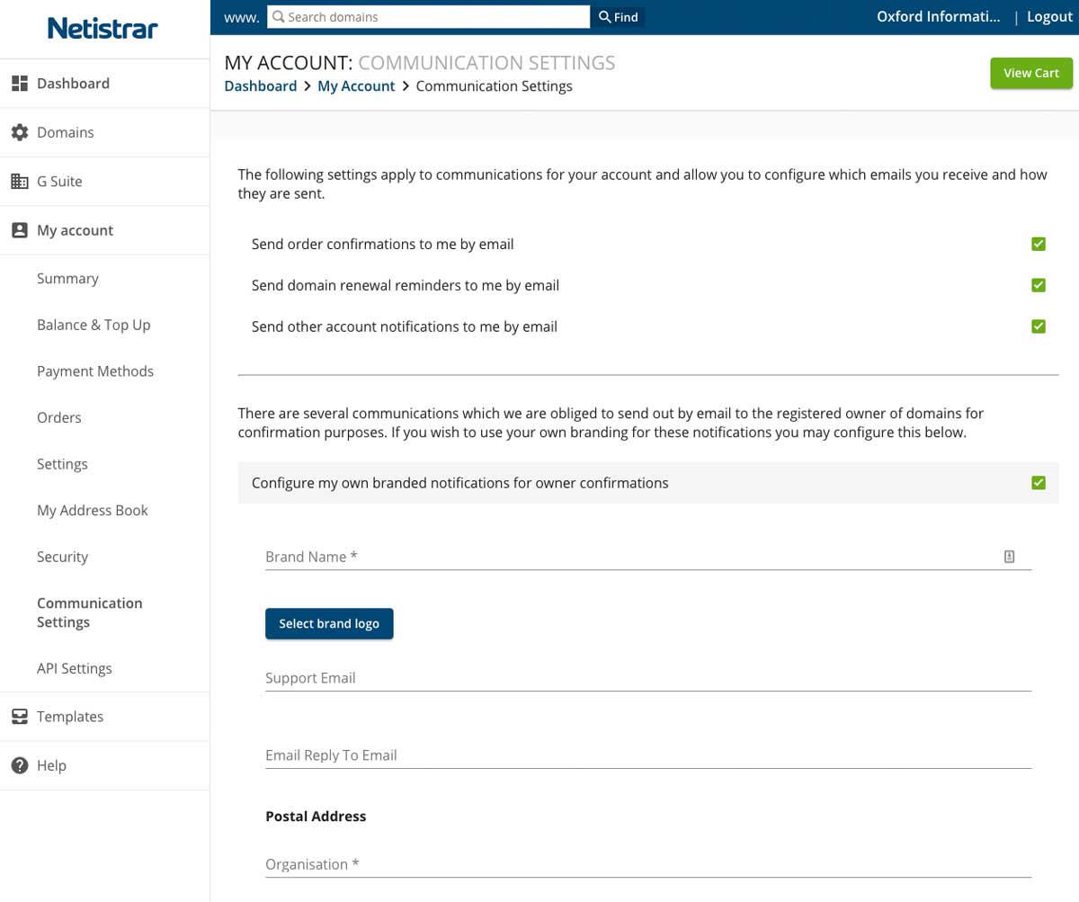 Netistrar white label communication settings