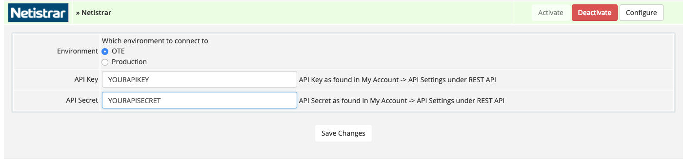 Netistrar WHMCS module configuration API settings