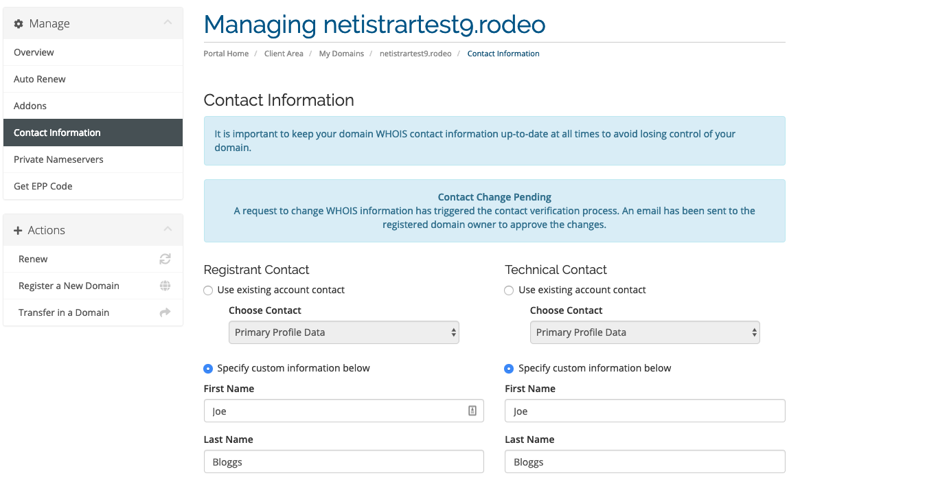 Netistrar WHMCS contact information page