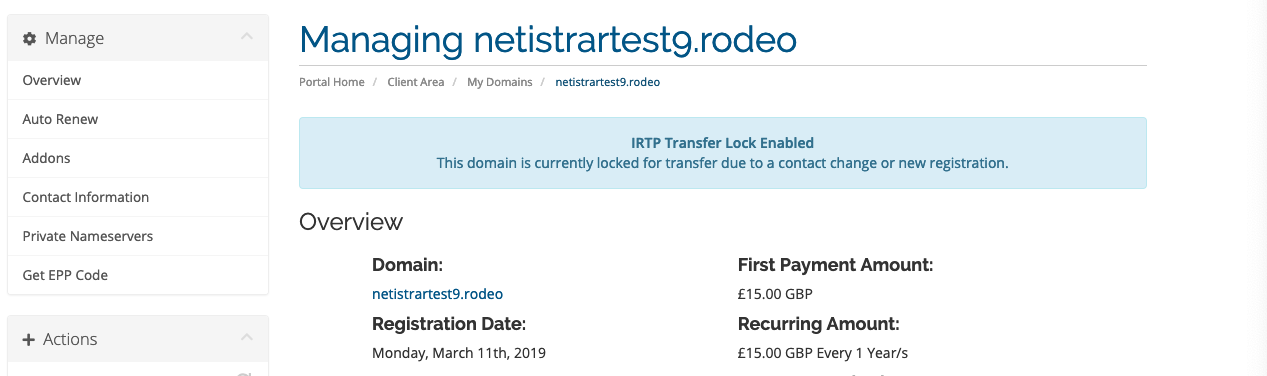 Netistrar WHMCS Domain Name lock configuration screen